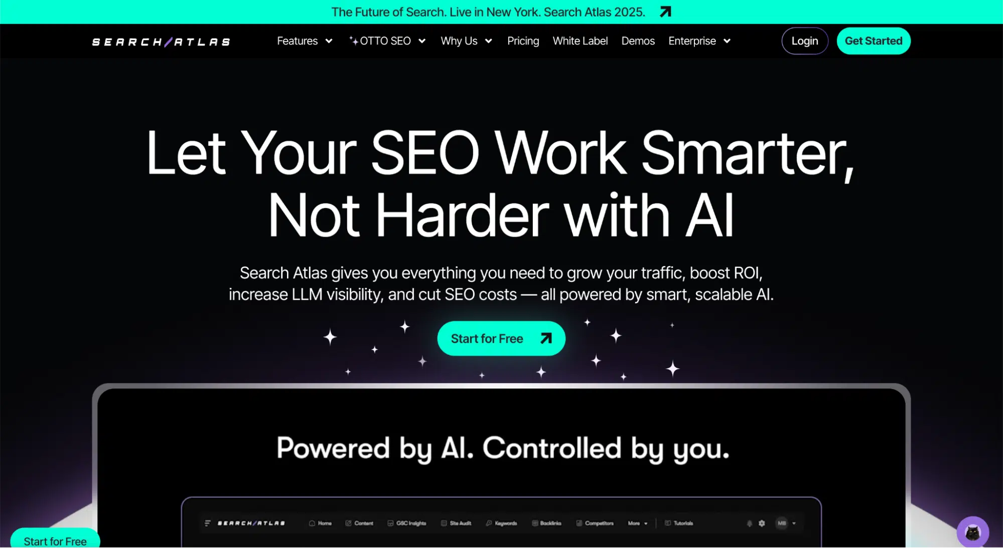 A website homepage for Search Atlas promotes AI-powered SEO tools as top ahrefs alternatives. The headline reads, Let Your SEO Work Smarter, Not Harder with AI, with buttons for starting free and a section stating, Powered by AI. Controlled by you.