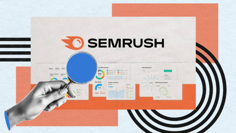 A hand holds a magnifying glass over SEMrush analytics dashboards, with the SEMrush logo above. The background features geometric shapes in orange, black, and light blue.