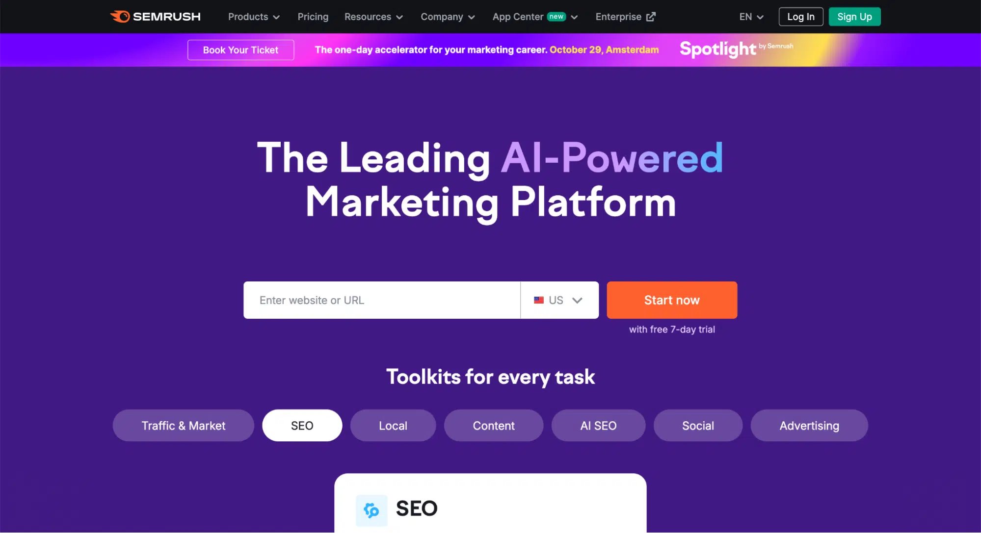 Screenshot of the SEMrush homepage highlighting its tagline "The Leading AI-Powered Marketing Platform," a website URL input box, toolkit options like SEO, Local, Content, AI SEO, Social, and Advertising—ideal for those seeking Ahrefs alternatives.