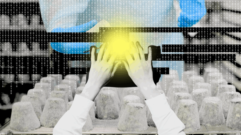 A person wearing lab gloves holds a container emitting a yellow glow over rows of molds, with binary code and digital effects layered over the image, symbolizing how SEO for manufacturers combines technology and innovation.