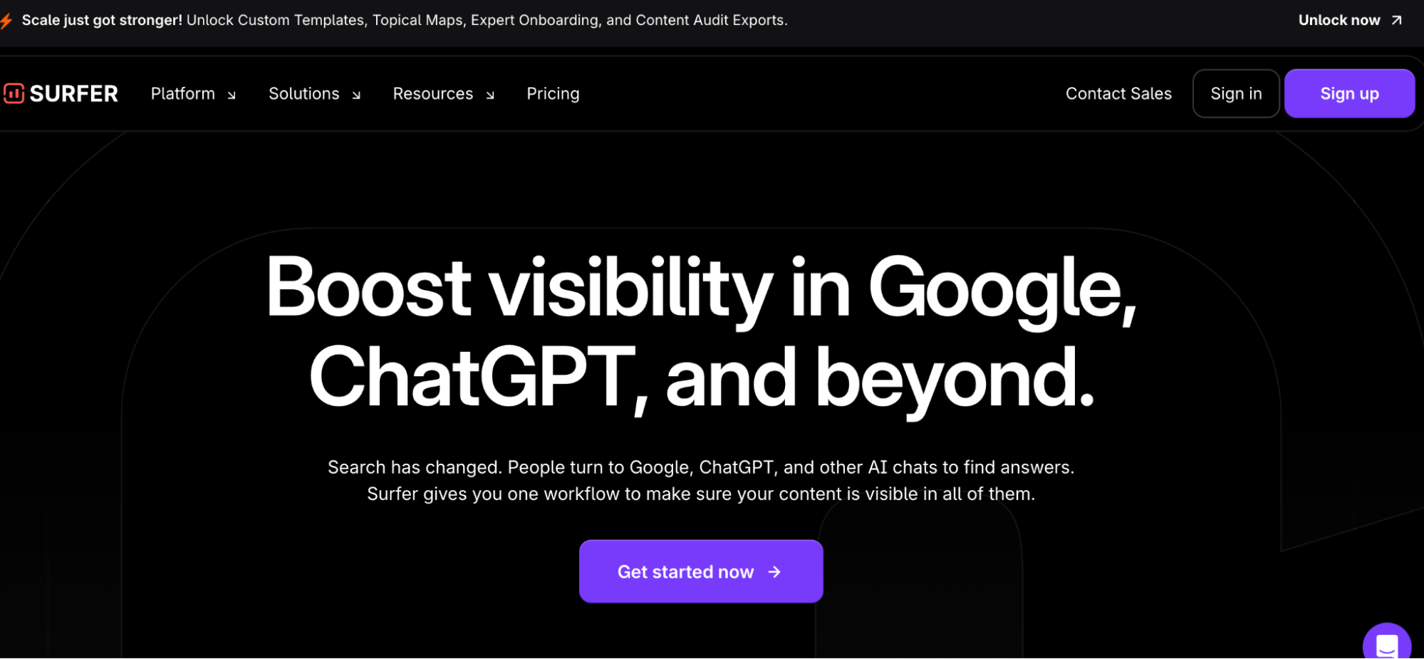 A website homepage with bold text reading Boost visibility in Google, ChatGPT, and beyond. A subheading highlights workflow integration and moz alternatives, with a purple Get started now button below. Menu and sign-up options are at the top.