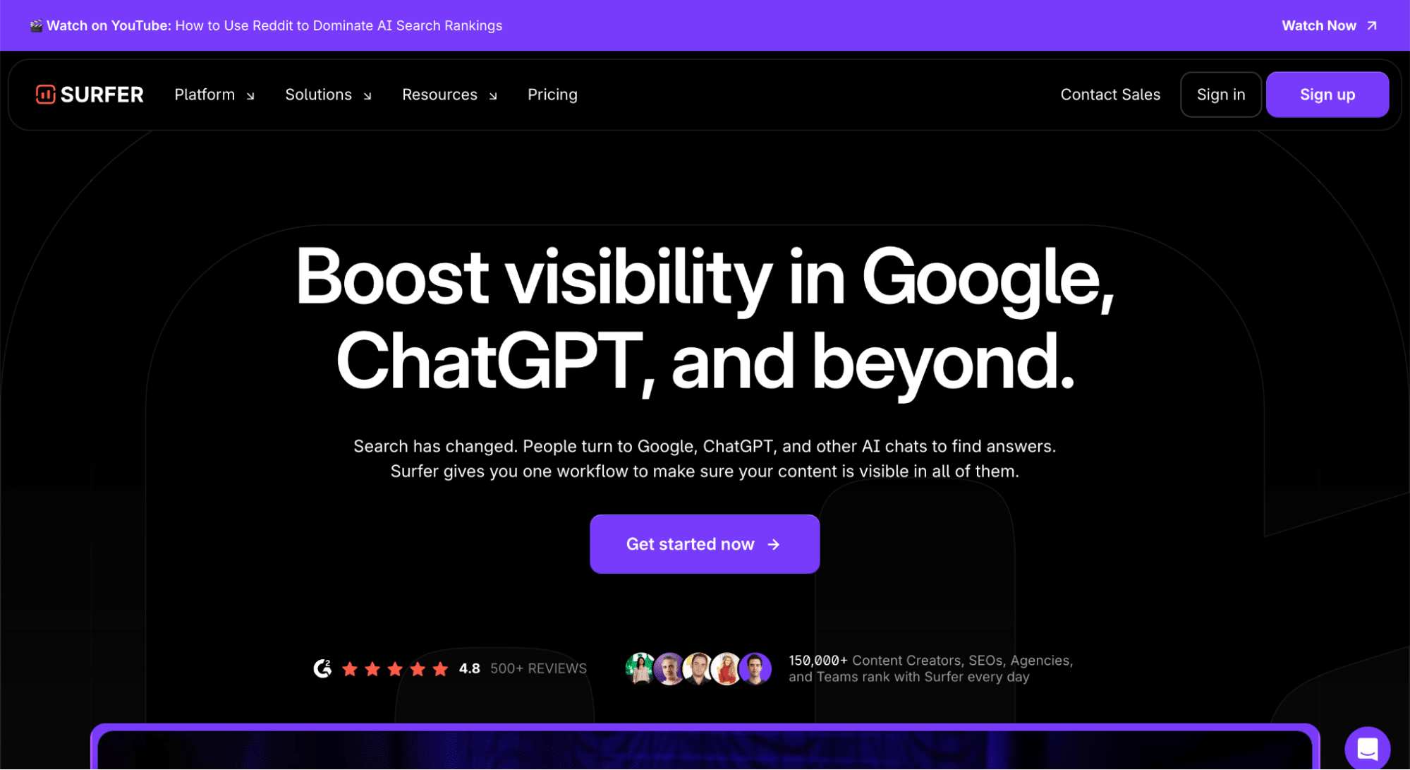 A website homepage with bold text stating Boost visibility in Google, ChatGPT, and beyond—ideal for those seeking ahrefs alternatives—with a purple Get started now button, star ratings, user avatars, and navigation links. The background is dark with white text.