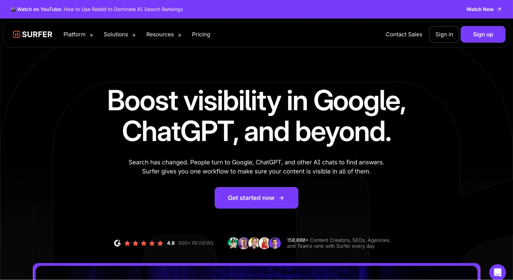 A website homepage with bold text stating Boost visibility in Google, ChatGPT, and beyond—ideal for those seeking ahrefs alternatives—with a purple Get started now button, star ratings, user avatars, and navigation links. The background is dark with white text.