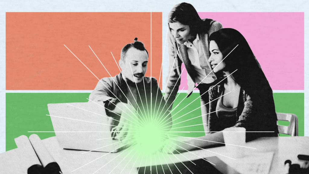 Three people sit and stand around a desk, looking at a laptop together—perhaps discussing Lead Management. The background is divided into blocks of orange, pink, and green, with a burst of white lines radiating from the laptop.