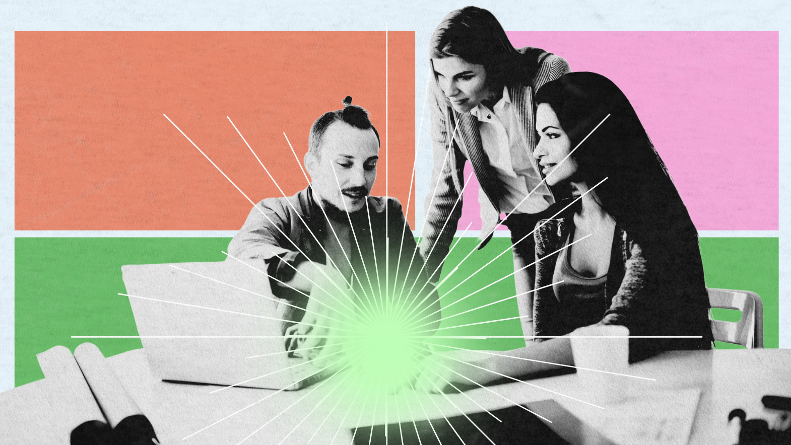Three people sit and stand around a desk, looking at a laptop together—perhaps discussing Lead Management. The background is divided into blocks of orange, pink, and green, with a burst of white lines radiating from the laptop.