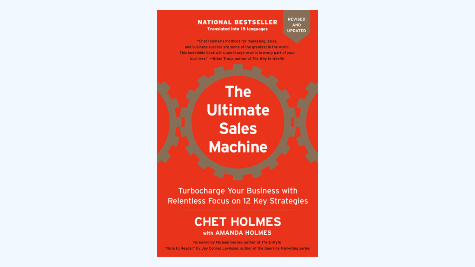 Book cover of The Ultimate Sales Machine by Chet Holmes, featuring a large gray gear graphic on a red background, with bold white and yellow text promoting business strategies and bestseller status.