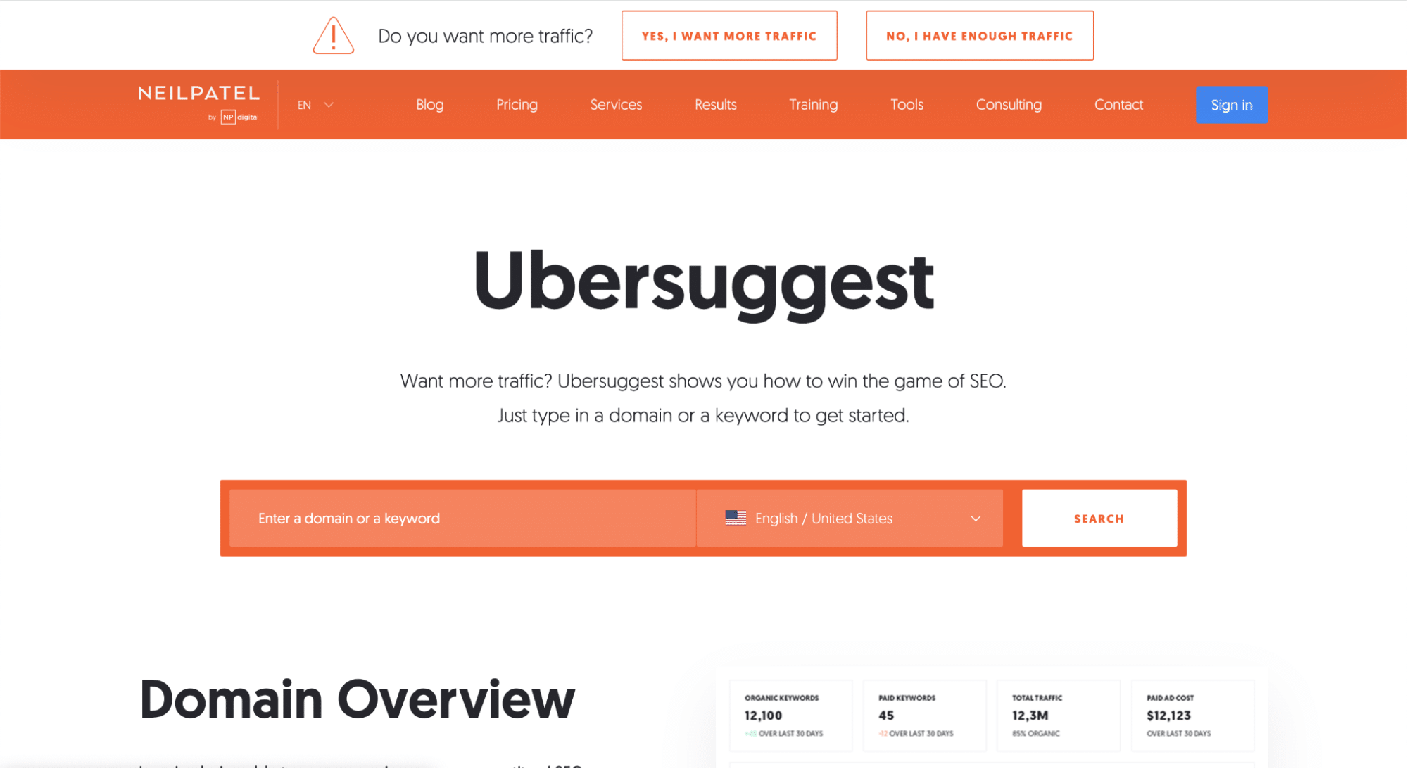 Screenshot of the Ubersuggest homepage featuring a search bar for entering a domain or keyword, making it a user-friendly option among Ahrefs alternatives. The header displays navigation links and the Neil Patel logo.