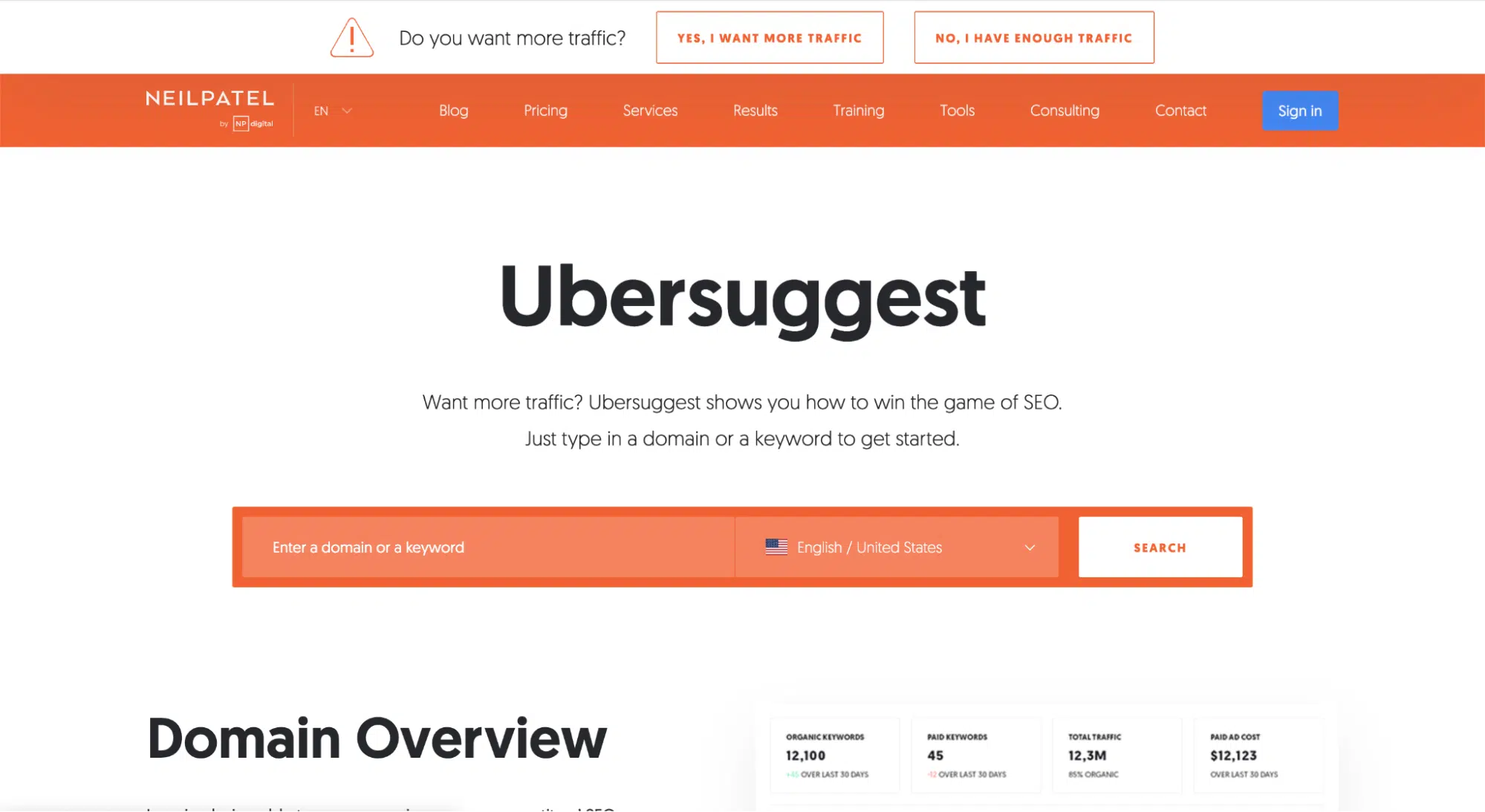 Screenshot of the Ubersuggest homepage featuring a search bar for entering a domain or keyword, making it a user-friendly option among Ahrefs alternatives. The header displays navigation links and the Neil Patel logo.