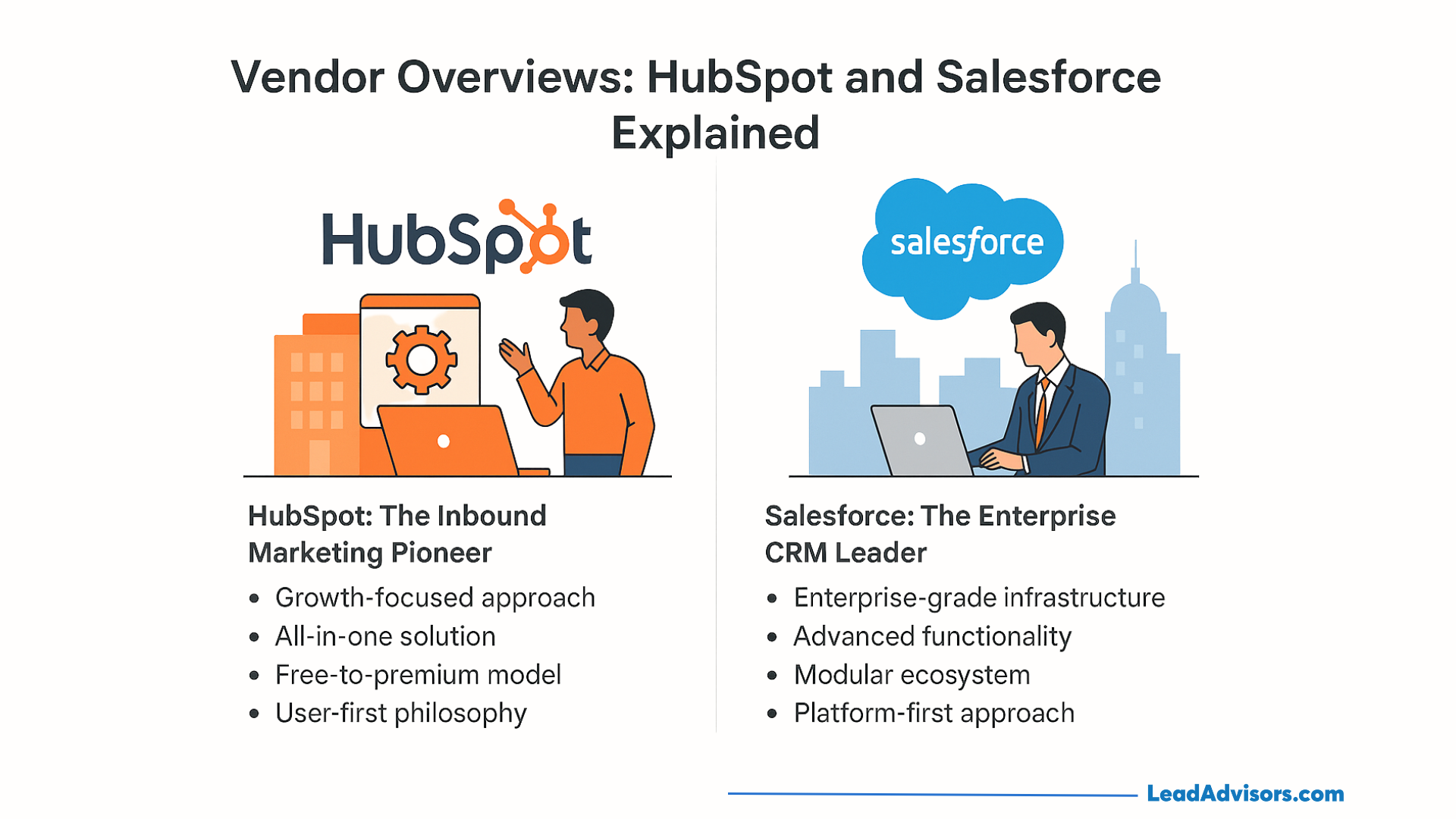 A comparison chart of HubSpot vs Salesforce features. HubSpot: inbound marketing, growth focus, all-in-one software, free-to-premium, user-first. Salesforce: CRM leader, enterprise infrastructure, modular, advanced platform support.