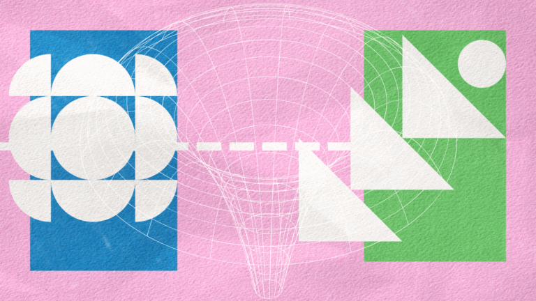 Abstract digital art with geometric shapes: a blue rectangle with white circles and segments on the left, a green rectangle with white triangles and a circle on the right, all connected—like website migration steps—by a white dashed line over a pink textured background.