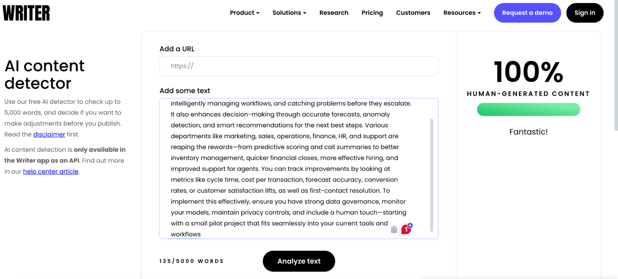 Screenshot of an AI content detector page featuring a large text box with business text, an “Analyze text” button, and a result on the right. The result—“100% Human-Generated Content” with a green checkmark—shows effective use of ahrefs humanizer.