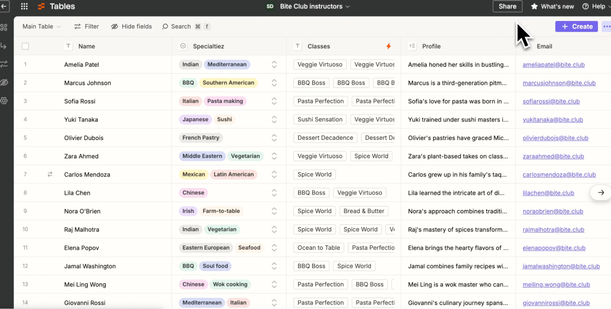 A table listing Bite Club instructors features columns for name, region, specialization, classes, and profile in a database or spreadsheet layout—making it easy to compare cuisines or bios, similar to what you’d find with top Airtable alternatives.