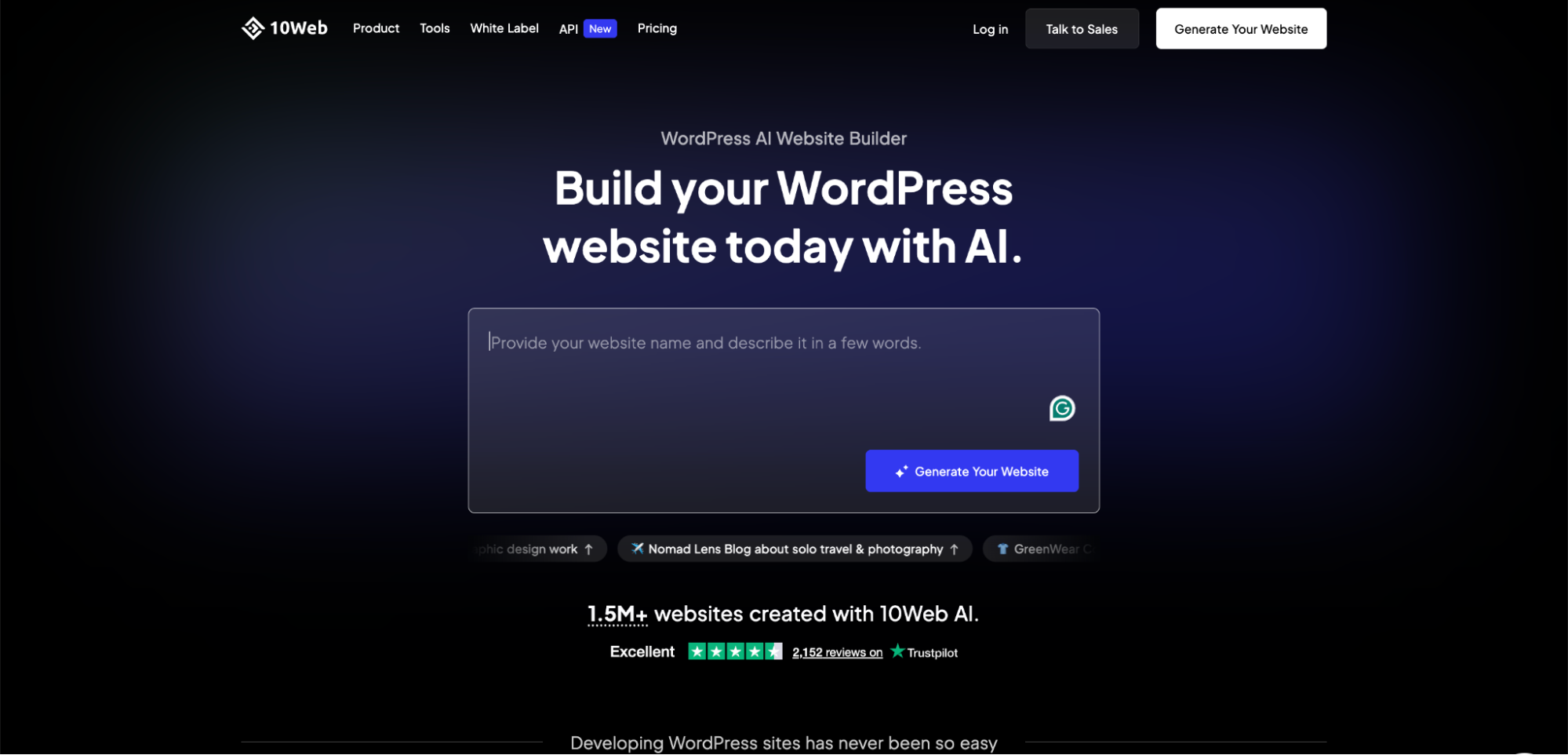 A dark-themed website homepage for 10Web AI Website Builder, featuring a headline “Build your WordPress website today with AI”, an input box, a “Generate Your Website” button, and customer ratings below.