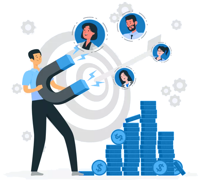 An illustrated man holds a large magnet, attracting floating profile icons toward a stack of coins with dollar signs, symbolizing effective marketing strategy and consultancy driving customer attraction and business growth.