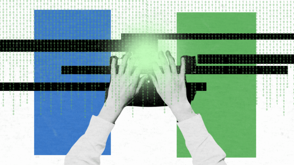 Two hands hold a virtual reality headset glowing green, surrounded by binary code and horizontal black bars, with blue and green rectangles in the background.