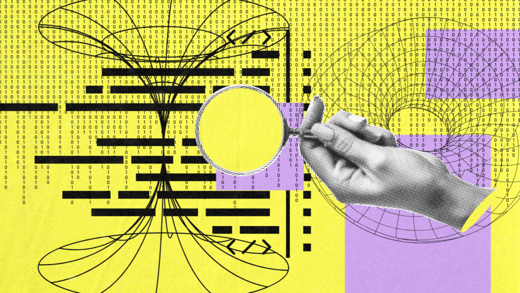 A collage with binary code, abstract wireframe shapes, and a grayscale hand holding a magnifying glass—symbolizing outsource link building—overlaid on a vibrant yellow and purple background.