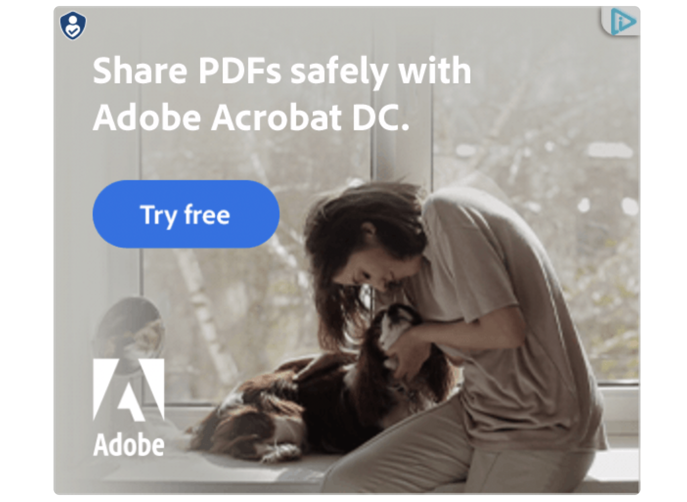 A woman kneels by a window, playing with a small dog while another dog rests nearby. Text reads, Share PDFs safely with Adobe Acrobat DC. Try free. The Adobe logo is in the lower left corner.