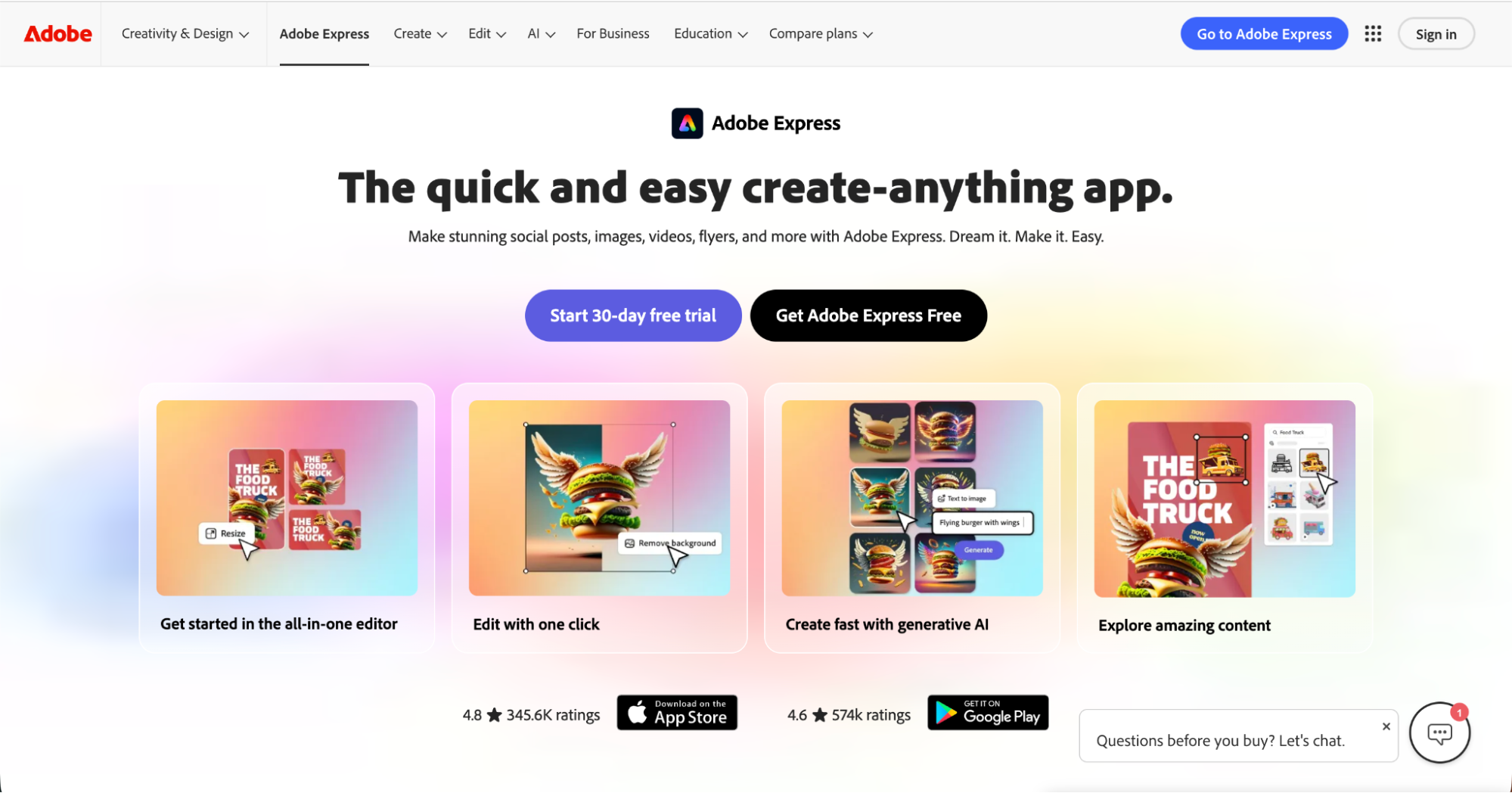 Screenshot of the Adobe Express homepage featuring options to start a 30-day free trial or use the free version, showcasing colorful previews of photo editing, AI features, templates, and video tools—making it a standout among Canva alternatives.