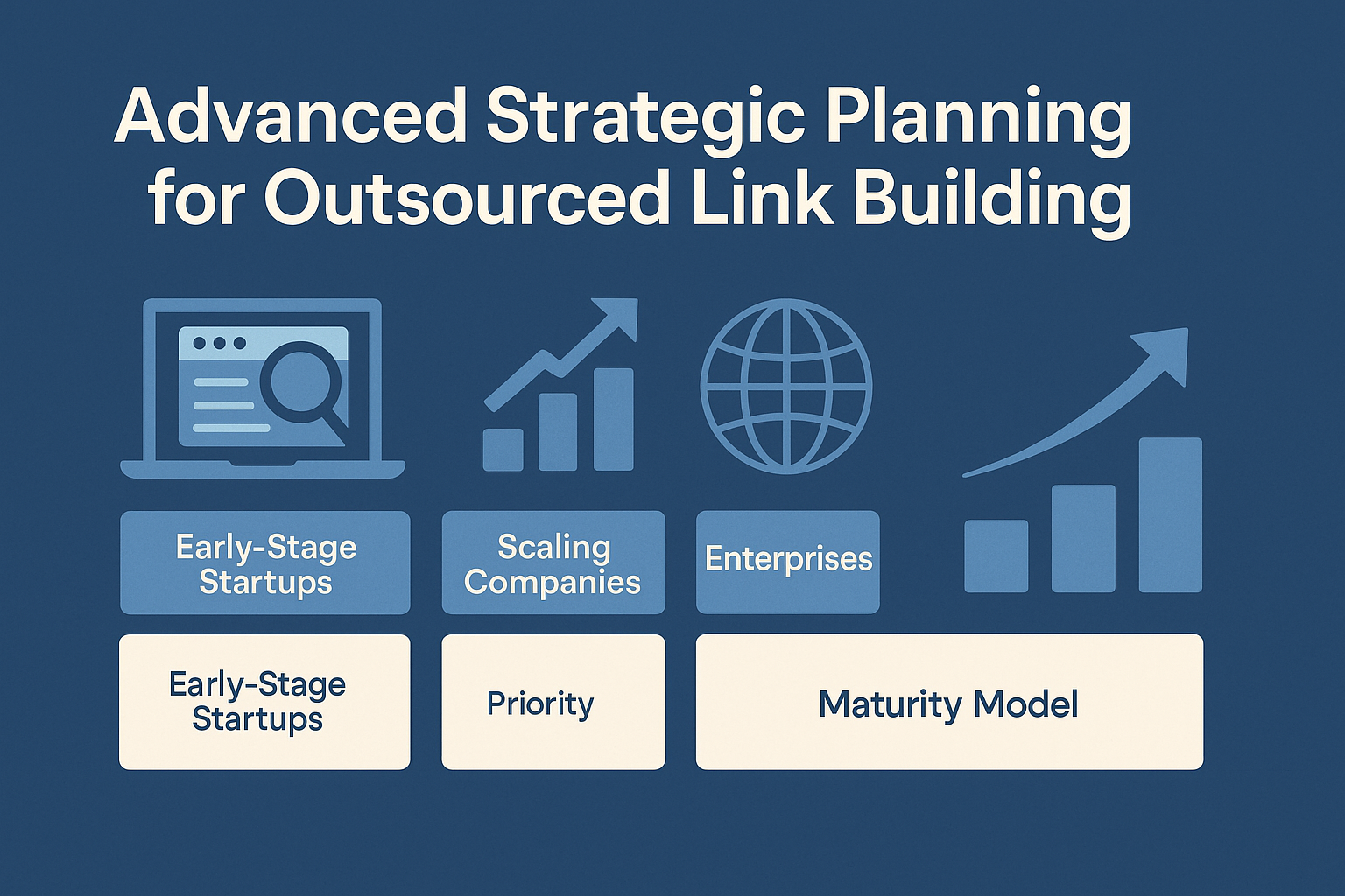 A blue graphic titled Advanced Strategic Planning for Outsourced Link Building shows icons and labels for Early-Stage Startups, Scaling Companies, Enterprises, and Maturity Model, with corresponding priority stages beneath each.