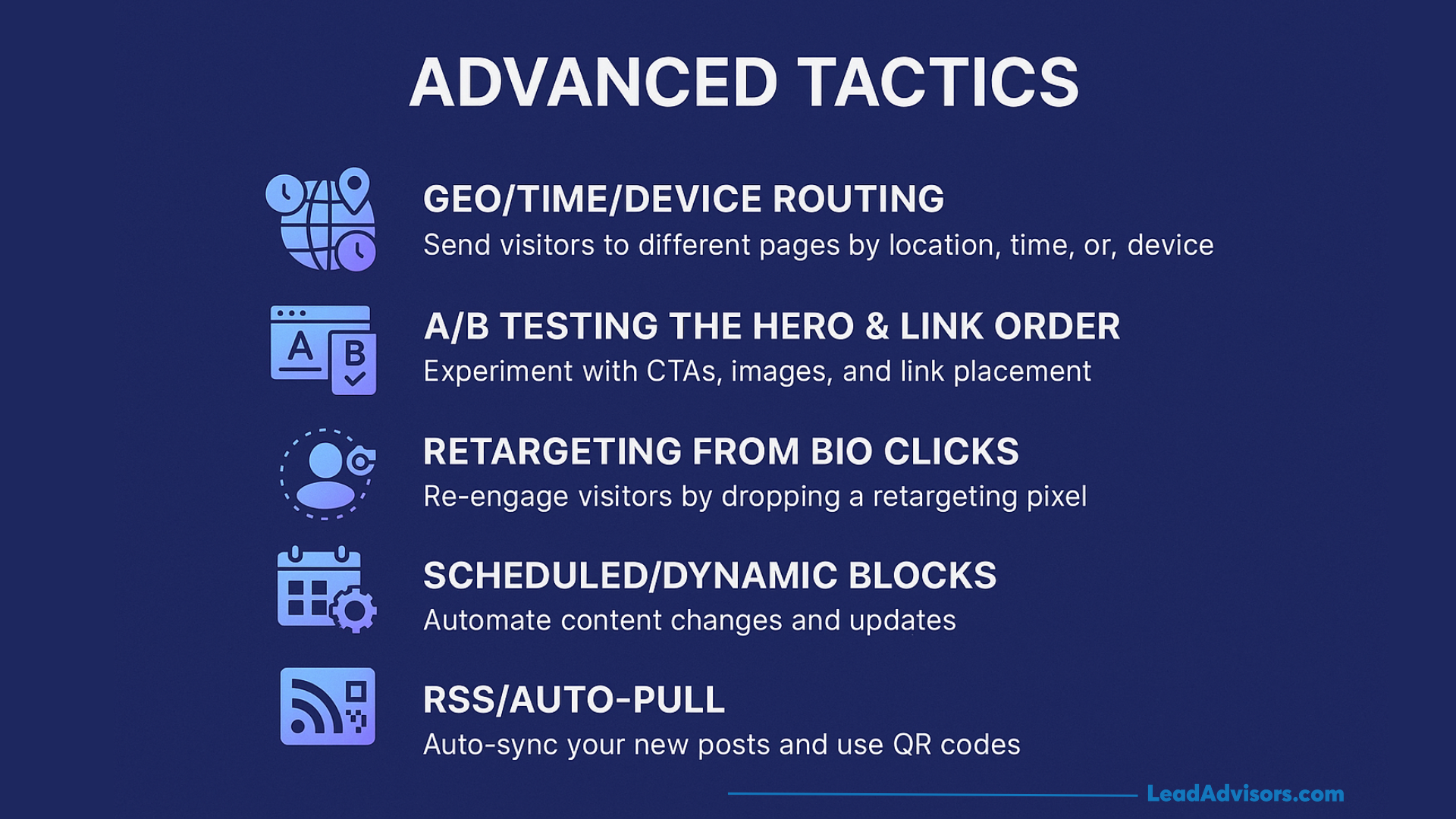 A slide titled Advanced Tactics lists five strategies: geo/time/device routing, A/B testing the hero and link order, retargeting from bio clicks, scheduled/dynamic blocks, and RSS/auto-pull—ideal for exploring Linktree alternatives.