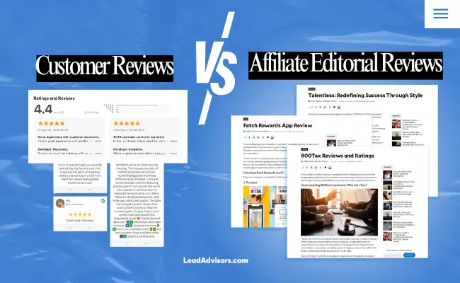 Comparison graphic with the heading Customer Reviews vs Affiliate Editorial Reviews. On the left are user reviews with star ratings; on the right, editorial articles highlight detailed product insights for brand promotion. LeadAdvisors.com at bottom.