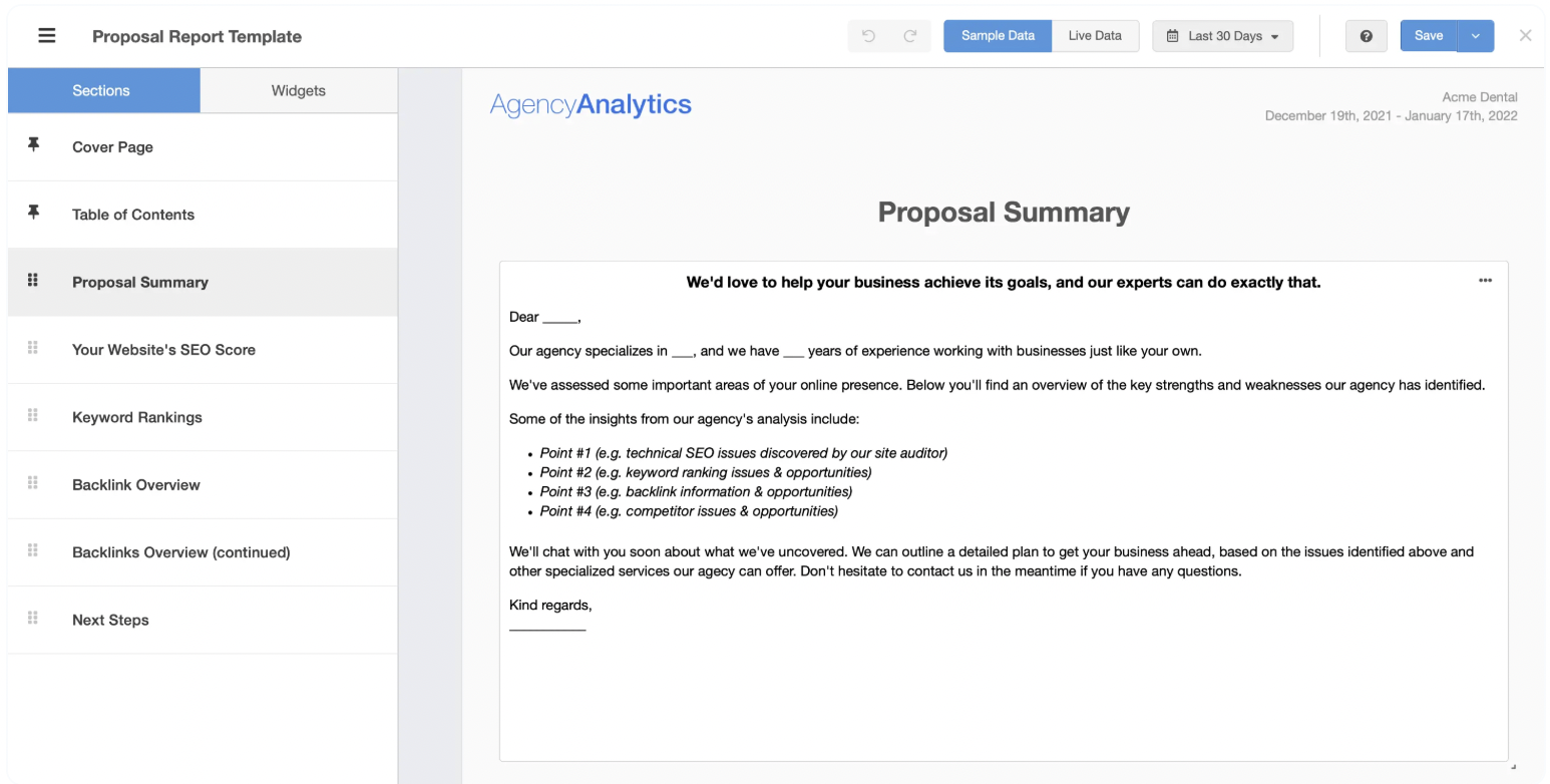 A digital seo proposal report template is shown with a navigation sidebar on the left and a Proposal Summary letter on the right. The layout includes sections like SEO Score, Keyword Rankings, and Backlink Overview.