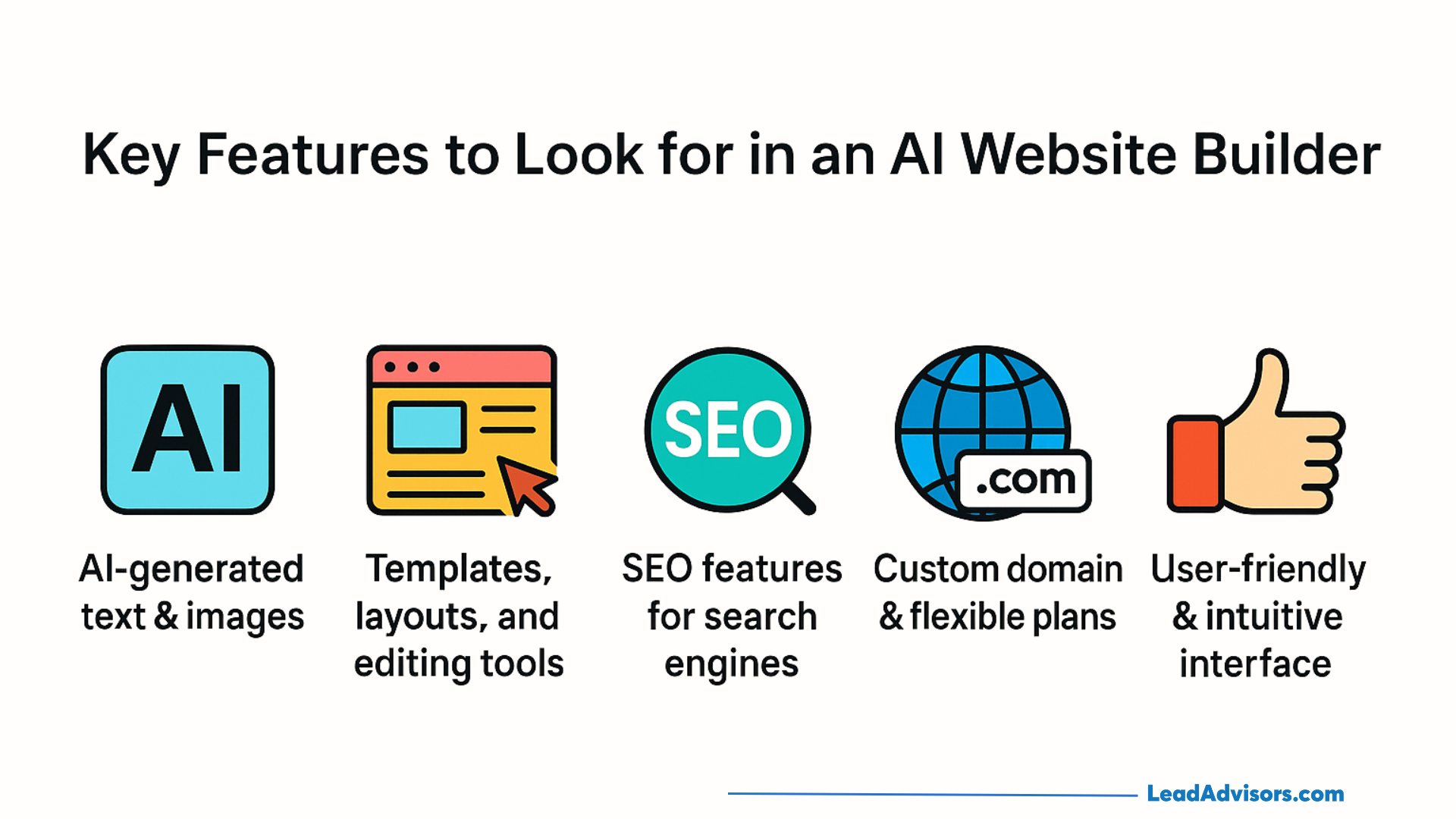 Icons and text describe key features of an AI website builder: AI-generated text/images, templates and editing tools, SEO features, custom domains and plans, and a user-friendly, intuitive interface.