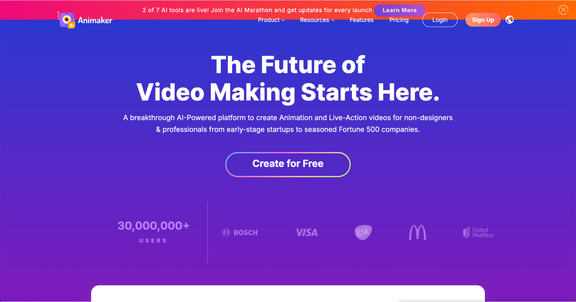 Screenshot of Animaker's homepage featuring the headline The Future of Video Making Starts Here, a Create for Free button, user statistics, company logos, and a vibrant purple-to-blue gradient—ideal for those seeking Canva alternatives.