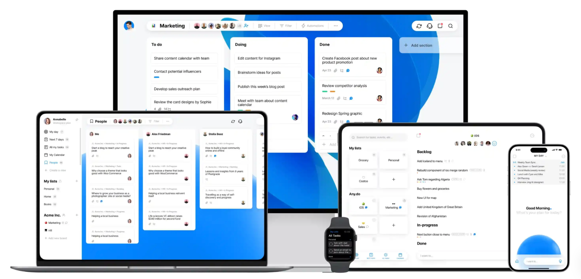 A project management app with task boards is displayed on a desktop monitor, laptop, tablet, smartphone, and smartwatch, showing a consistent interface across multiple devices on a blue and white background.