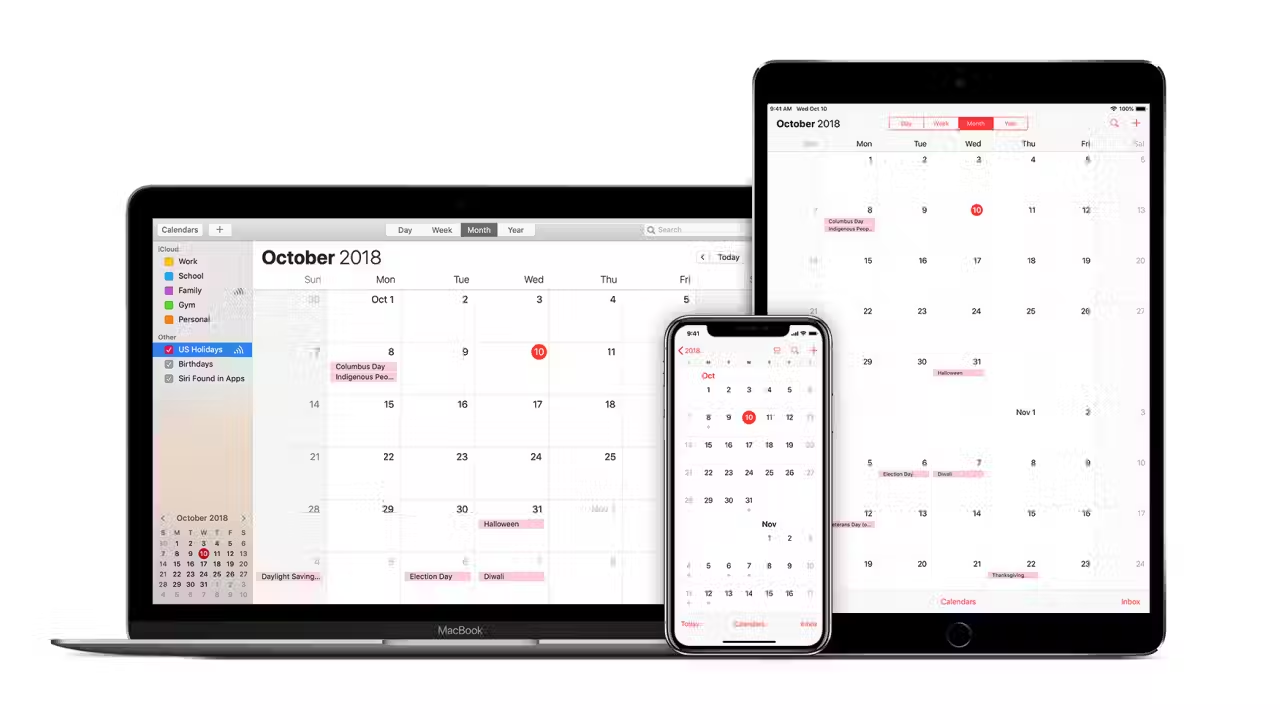 A MacBook, iPhone, and iPad are displayed side by side, each showing a digital calendar for October 2018 with a similar layout and highlighted events on various dates.