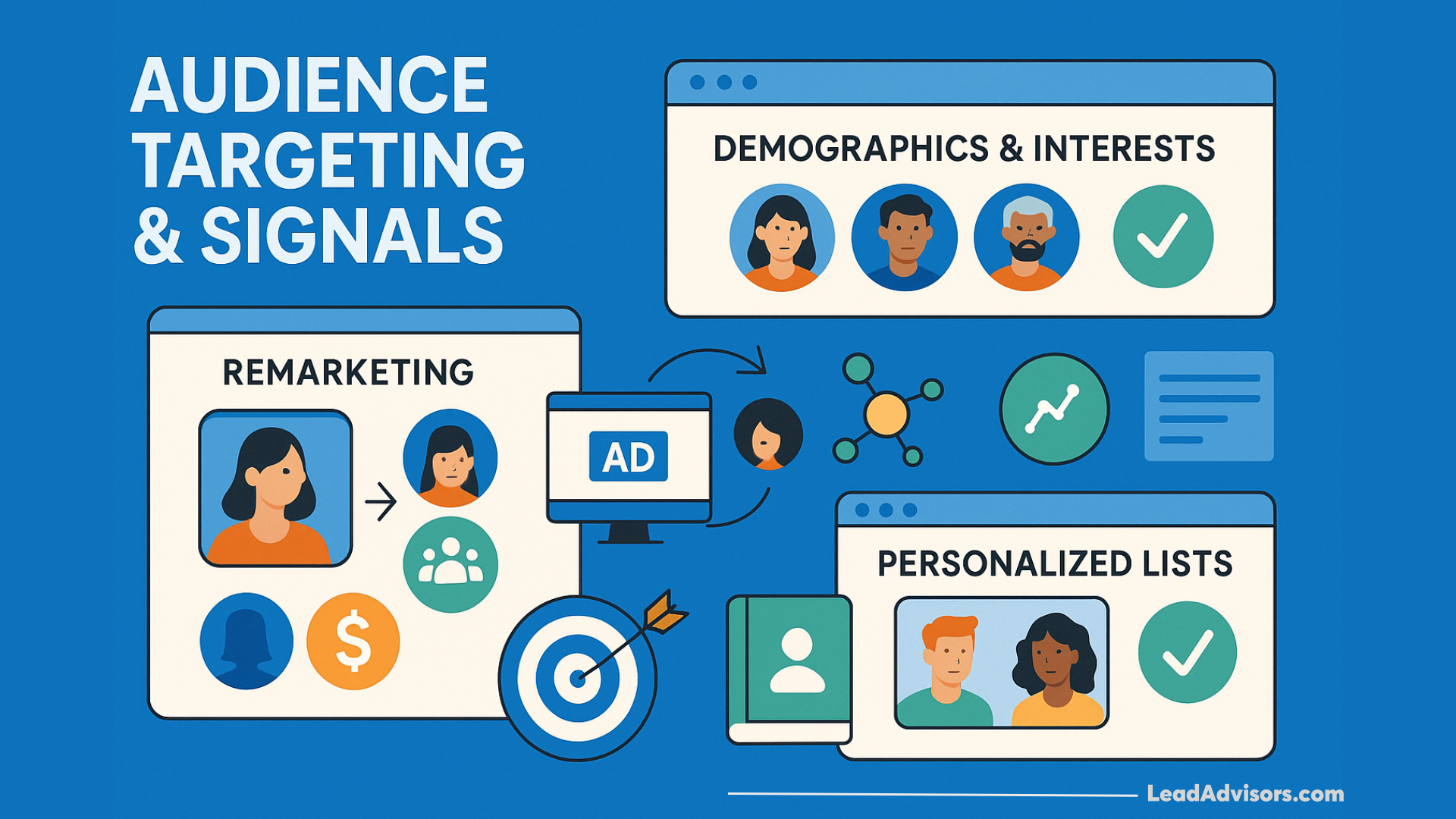 Infographic about audience targeting and signals, showing remarketing, demographics and interests, and personalized lists, with illustrated people, icons, and a target graphic.