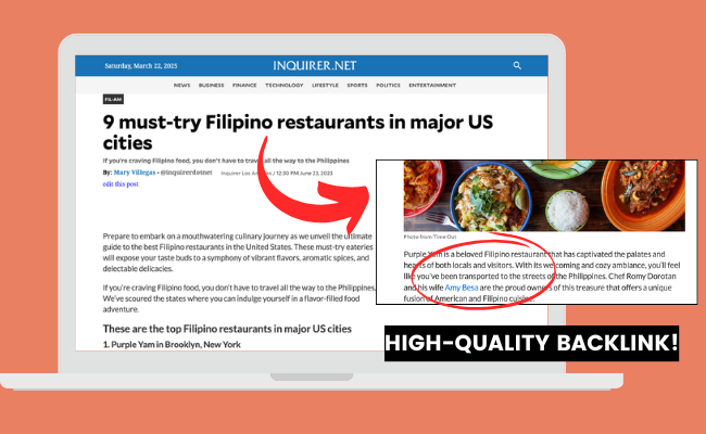 A laptop displays an article titled 9 must-try Filipino restaurants in major US cities on Inquirer.net. A red arrow highlights a section about restaurant dishes and praises, emphasizing effective restaurant SEO with a label saying HIGH-QUALITY BACKLINK!.