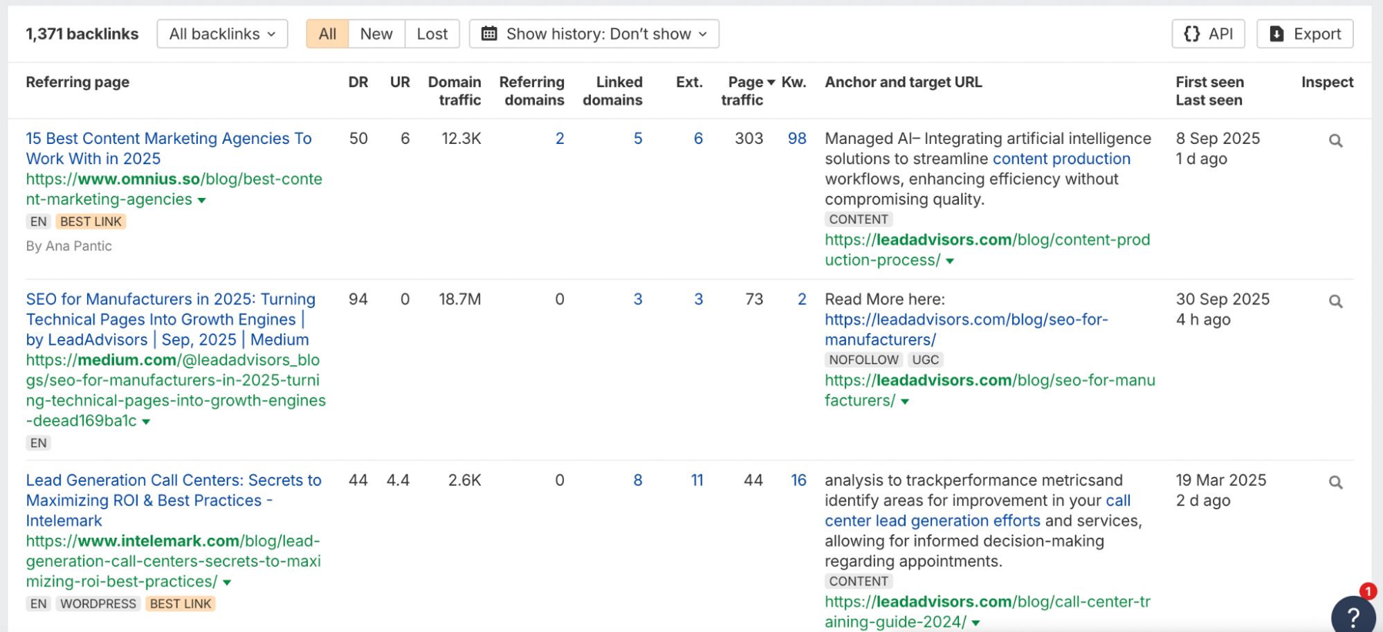 A screenshot of a backlink analysis tool showing details of three backlinks—including URL, anchor text, referring domains, traffic, and notes about content—highlights results from a recent outsource link building campaign; each entry is dated September 2023.