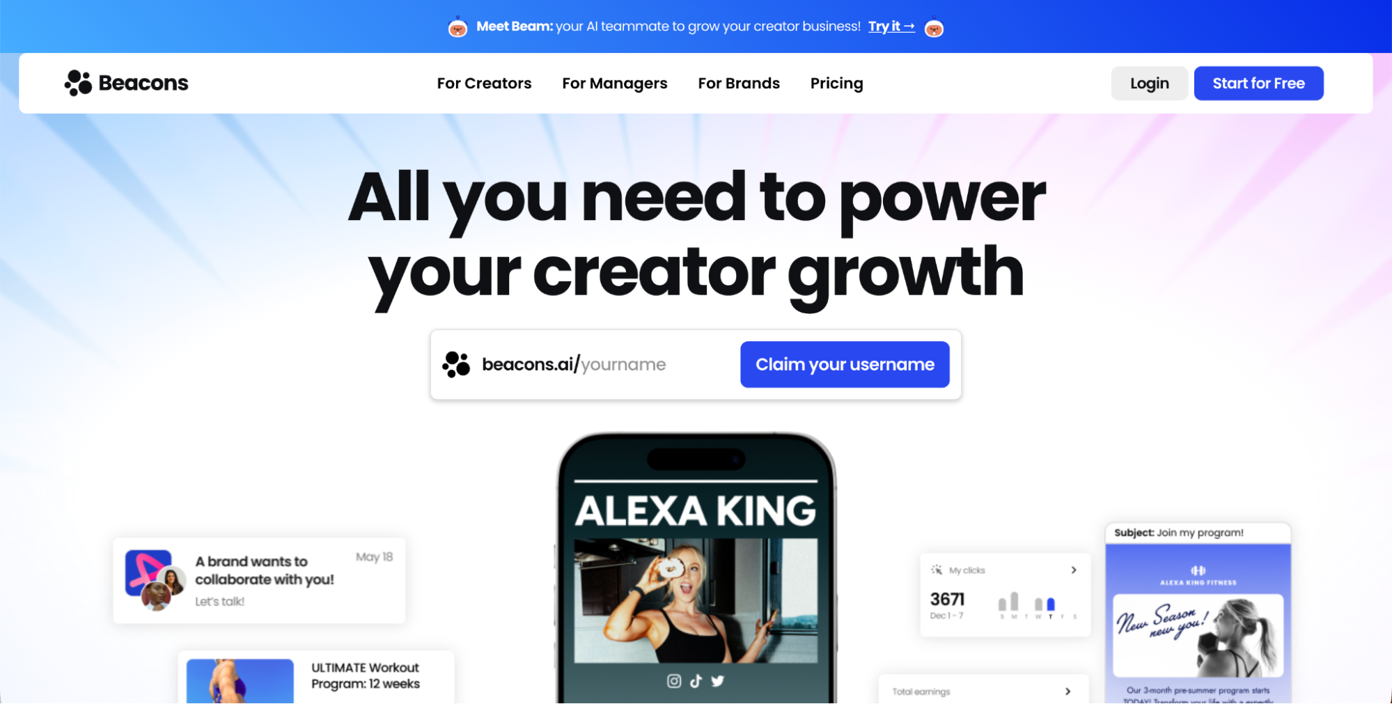 A website homepage for Beacons features the headline All you need to power your creator growth, a search bar for usernames, and options to claim a username—making it a standout among Linktree Alternatives. Example creator profiles and content are displayed below.