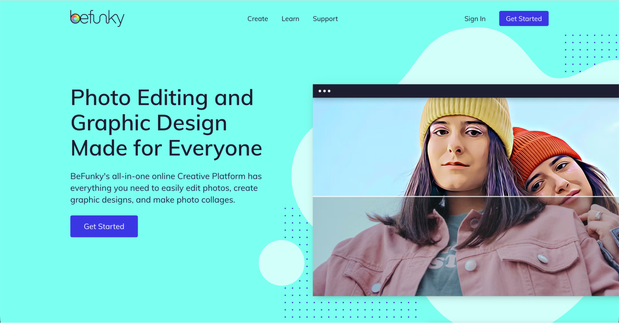 Screenshot of the BeFunky website homepage, featuring a split image of a woman in a yellow beanie and pink jacket with photo editing effects, and text promoting easy-to-use photo editing and graphic design tools as one of the top Canva alternatives.
