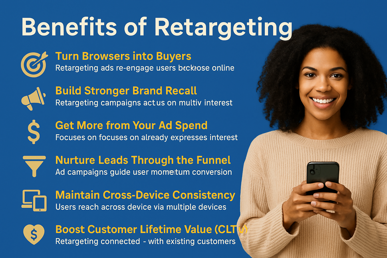 A smiling woman holds a phone next to a list titled Benefits of Retargeting, highlighting six points: converting browsers, brand recall, ad spend, nurturing leads, device consistency, and boosting customer lifetime value.