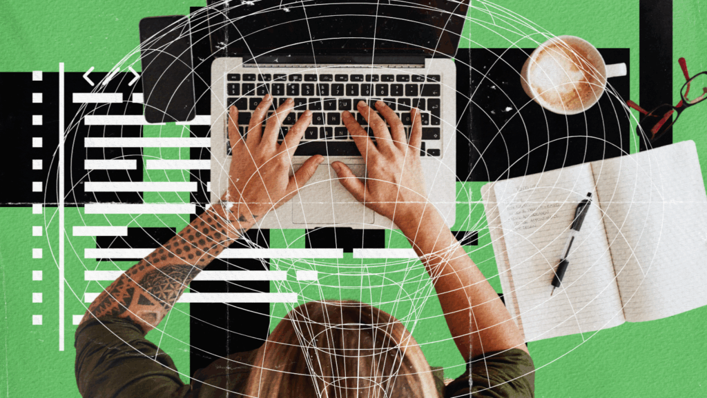 A person with tattooed arms types on a laptop at a desk with a notebook, pen, coffee cup, and glasses. White circular and line graphics overlay the image, which has a green background.
