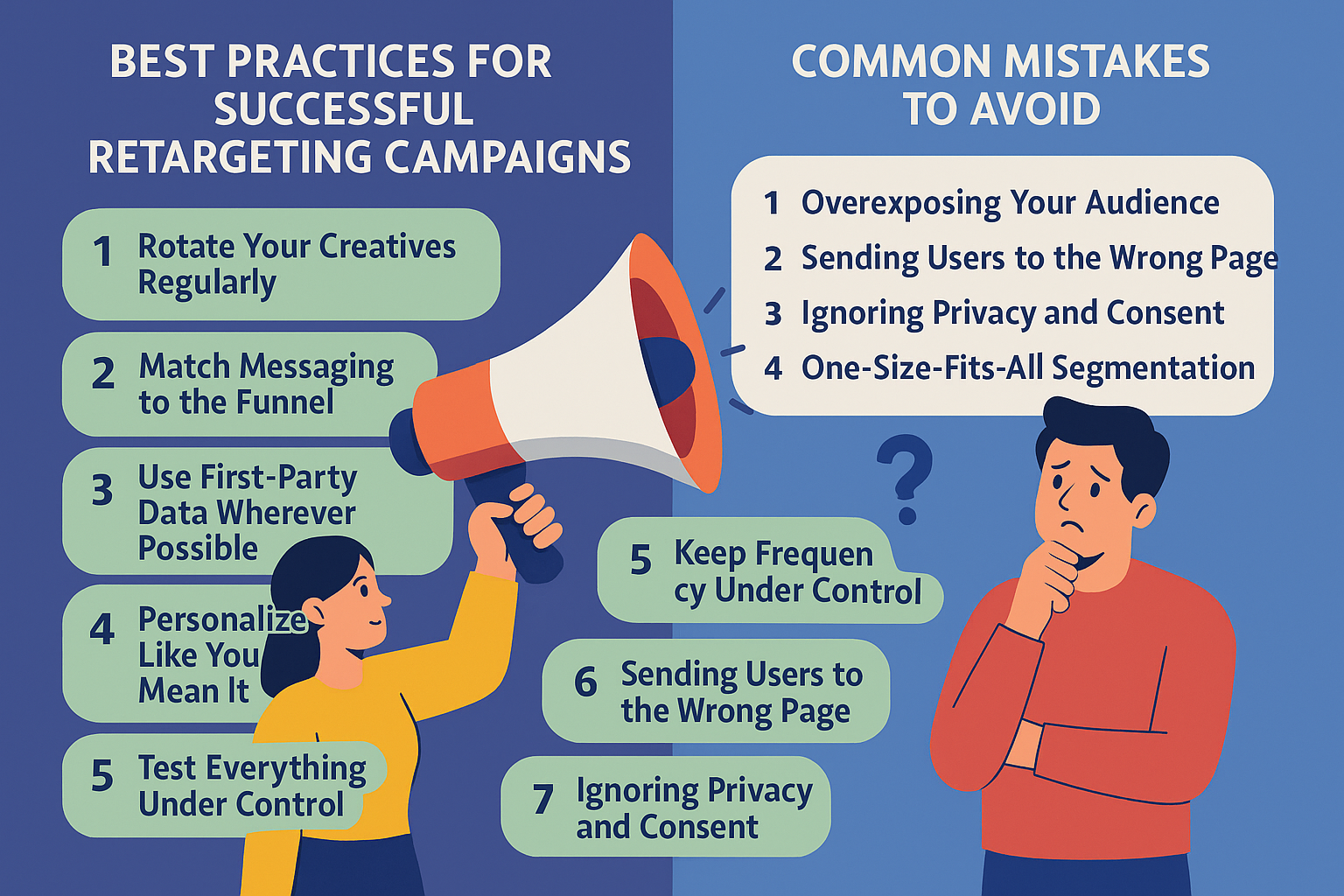 Illustration showing Best Practices for Successful Retargeting Campaigns on the left, with 5 tips, and Common Mistakes to Avoid on the right, with 4 mistakes; a woman holds a megaphone, and a puzzled man stands beside her.