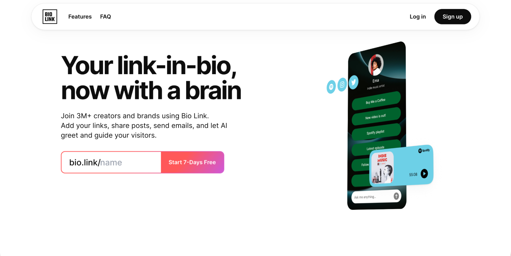 Screenshot of the Bio Link website featuring a headline about an AI-powered link-in-bio tool—a standout among Linktree alternatives. Includes a sign-up form, 7-day free trial promotion, and a sample mobile profile with green buttons and social media icons.
