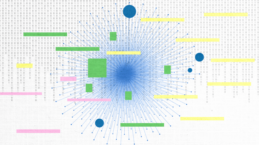 Abstract illustration featuring blue lines radiating from a center point, intersecting with blue circles and colorful rectangles, over a background of binary code—symbolizing the dynamic flow of digital data and Brand Mentions on a white surface.