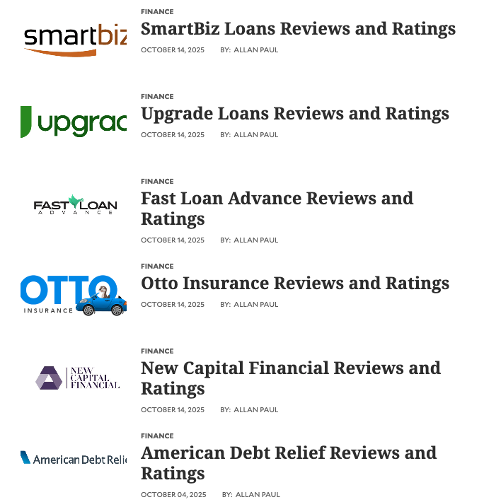 A list of five finance article headlines with company logos and brand mentions, including SmartBiz, Upgrac, Fast Loan Advance, Otto Insurance, New Capital Financial, and American Debt Relief, each with review and rating articles by Allan Paul.