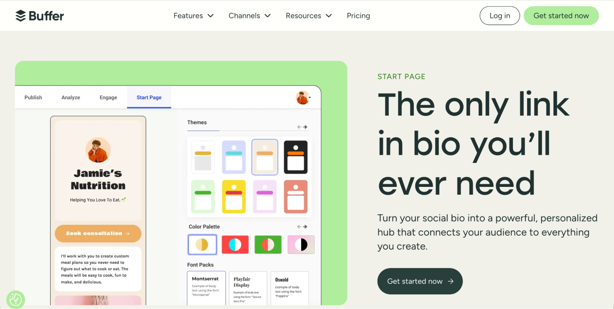 Screenshot of Buffer’s website displaying a sample “link in bio” page editor and text stating, “The only link in bio you’ll ever need.” Features green login and get started buttons—highlighting Buffer as one of the top Linktree alternatives.