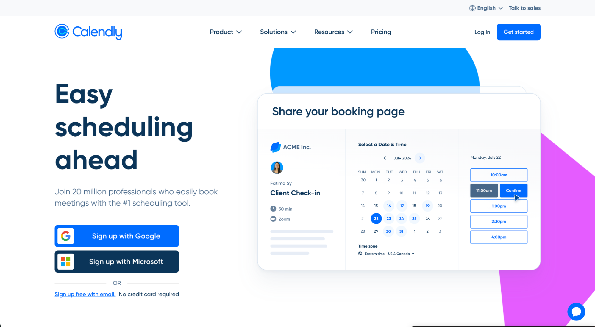 Screenshot of Calendly’s homepage showing a booking interface with a calendar and time slots. Text highlights “Easy scheduling ahead,” and options to sign up with Google or Microsoft. Menu options are visible at the top.