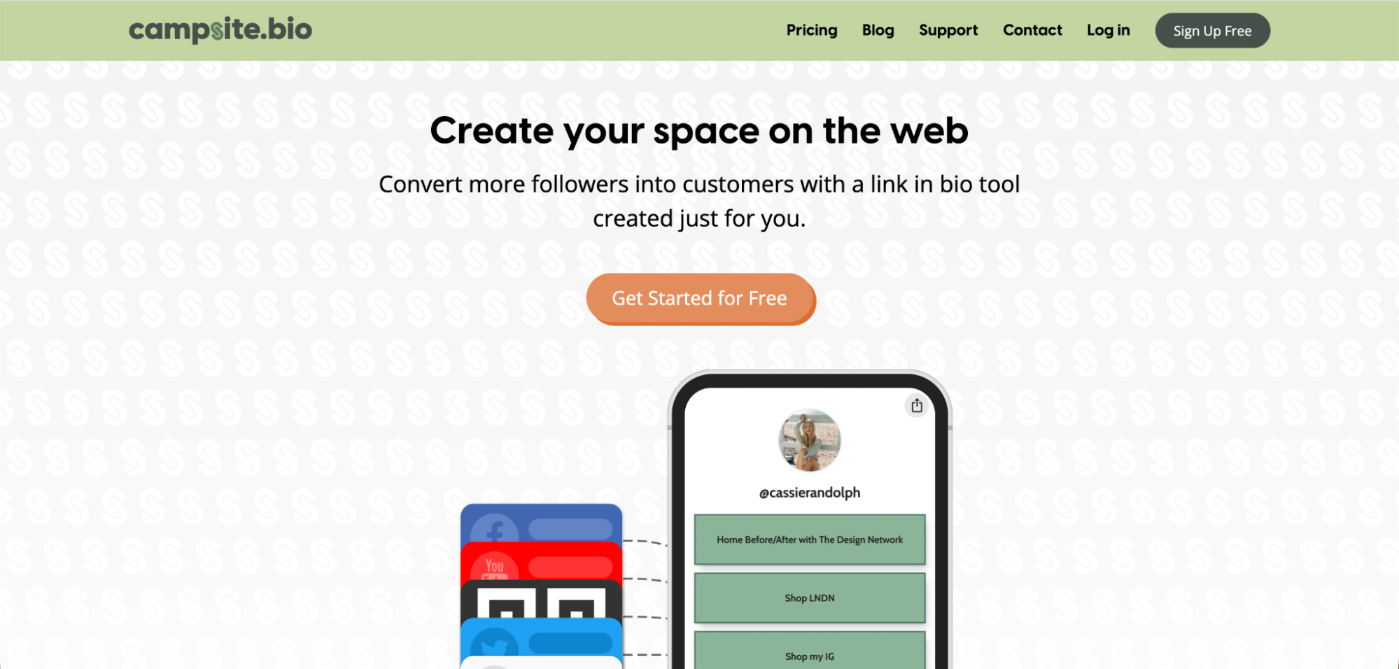 Screenshot of the campsite.bio homepage displaying a “Get Started for Free” button, a sample link-in-bio profile on a phone, and navigation links for Pricing, Blog, Support, Contact—highlighting it as one of the top Linktree Alternatives.