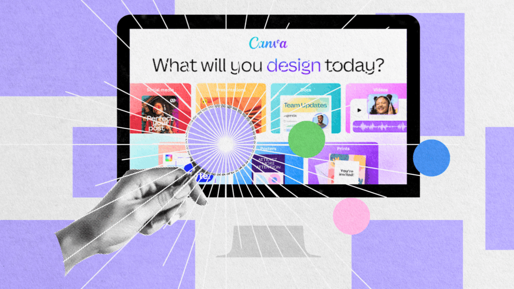 A stylized collage shows a hand touching a burst of light on a computer screen displaying canva alternatives, with the text What will you design today? and colorful geometric shapes in the background.