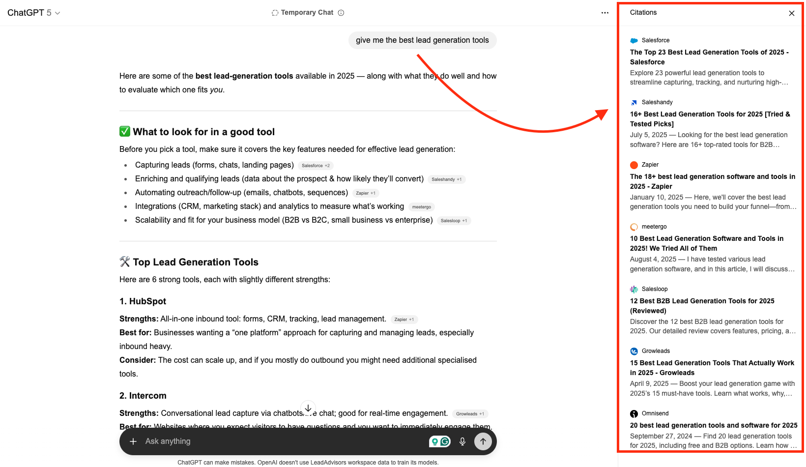 A screenshot of a ChatGPT window showing a user query for the best lead generation tools, referencing LLMO vs. GEO vs. AEO. On the right, the Citations panel lists sources with an arrow pointing from the chat to citations.