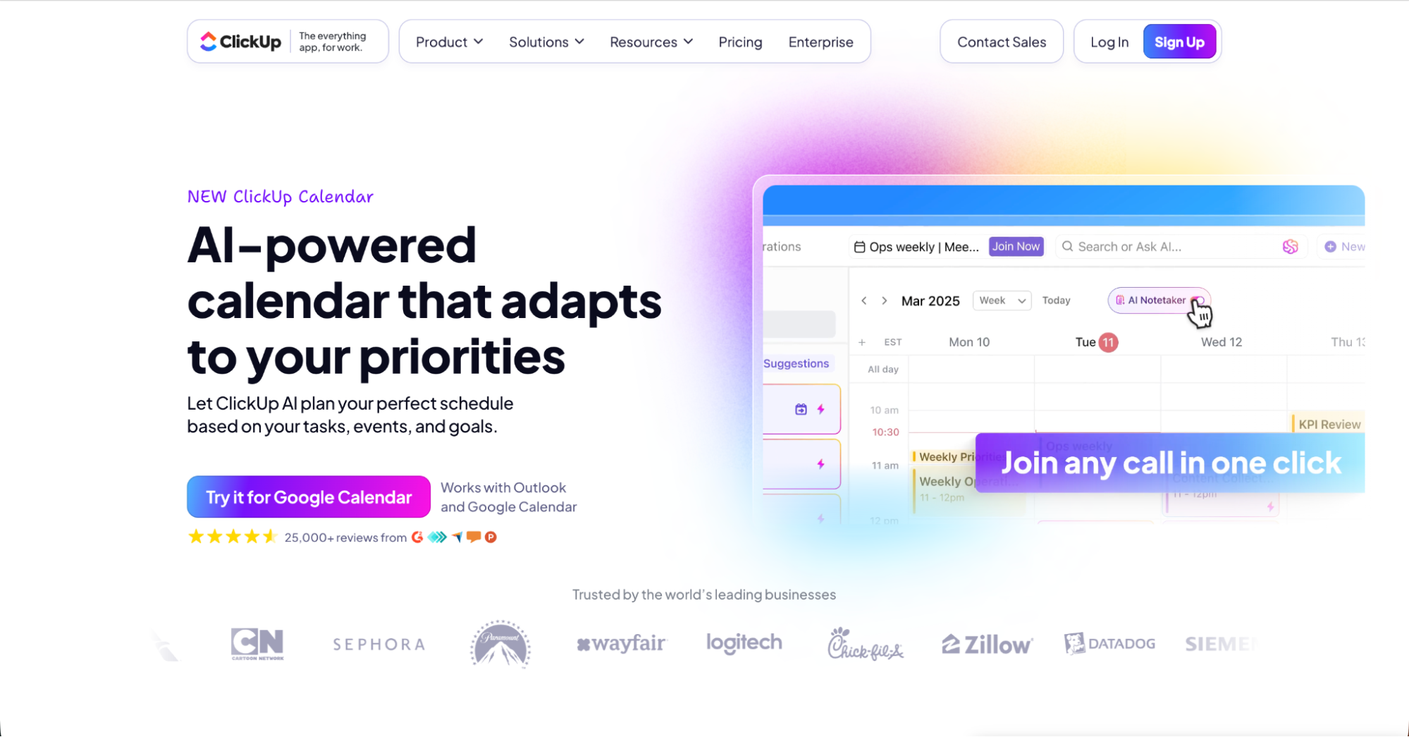 Screenshot of ClickUp Calendar’s website landing page, showing a promotion for an AI-powered calendar that adapts to user priorities, with a sample calendar interface and highlighted “Join any call in one click” button.