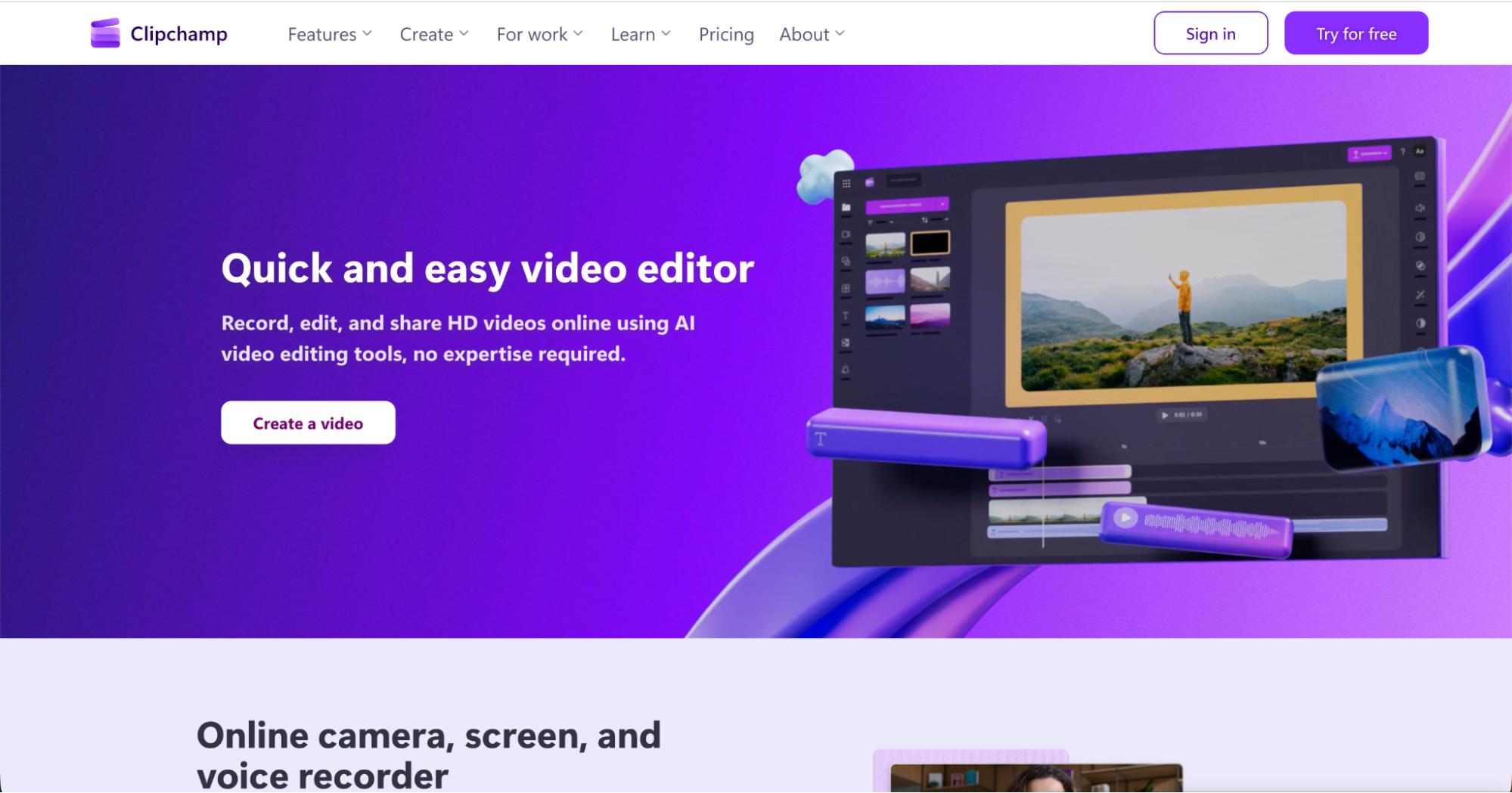 Clipchamp homepage with a purple theme, showcasing a laptop screen displaying a video editor interface with a landscape video, menus, and editing tools. Text highlights Quick and easy video editor—a top choice among Canva alternatives—and a Create a video button.