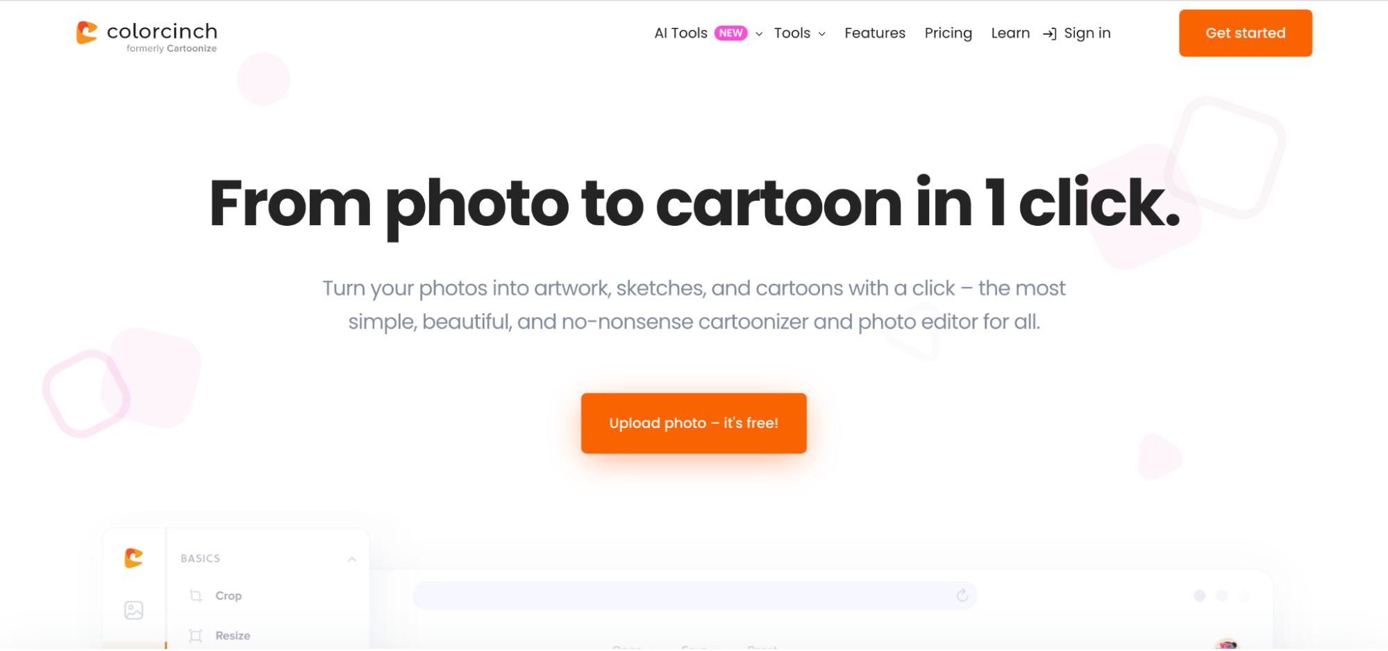 Screenshot of the Colorcinch website homepage, showing the tagline From photo to cartoon in 1 click, with an orange button labeled Upload photo – its free! and navigation links at the top—ideal for those seeking canva alternatives.