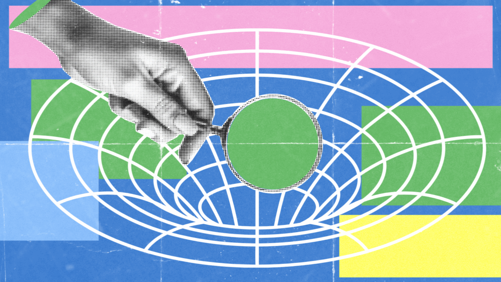 A stylized hand points toward the center of a white geometric grid, resembling a conversion rate optimization vortex, set against a colorful background of blue, pink, green, and yellow rectangles. The central oval shape is green.